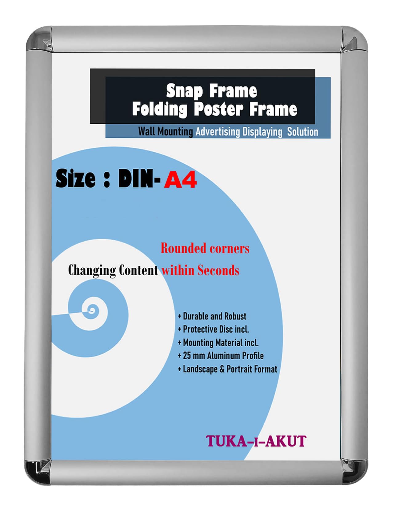 TUKA-i-AKUT 10x A4 Marcos Plegables de Aluminio, Marco para Carteles Póster Fotos con Aluminio Perfil 25 mm, Esquina Redondeada y Material de Fijación, Marco Intercambiable Color Plata TKD8421-A4-10X