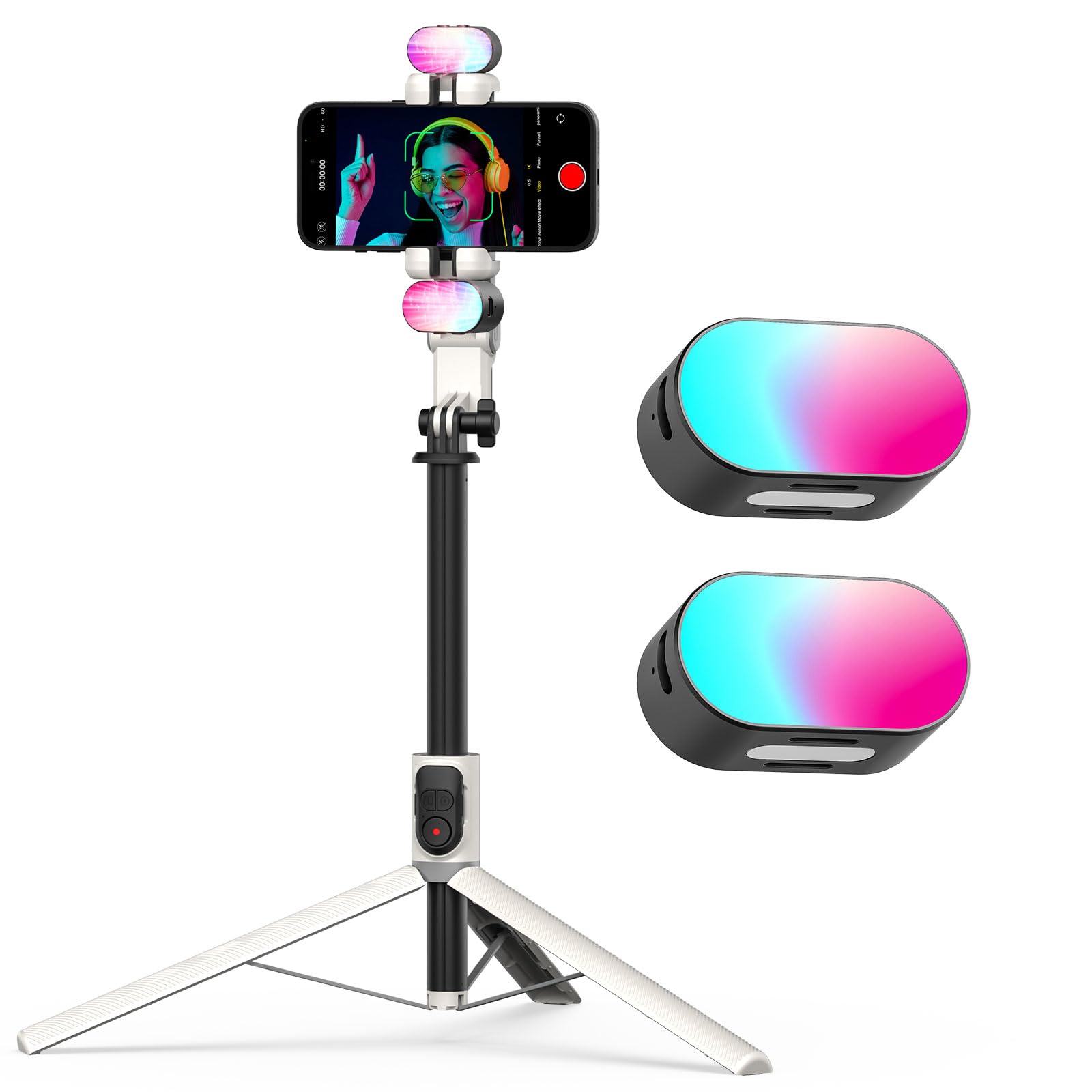 Image demonstrating the AI tracking feature of the gimbal stabilizer, showing a person being tracked, and visual cues for 'Palm Gesture Pause Tracking' and 'OK Gesture Start Tracking'. A note indicates a two-hand L gesture toggles gesture recognition.