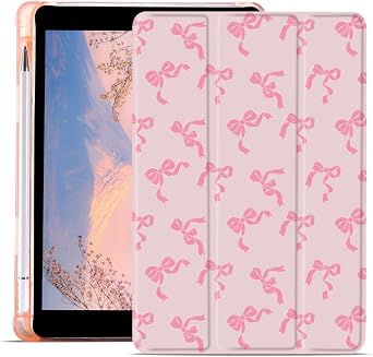 JOYLAND Pink Bow Case for iPad Air/iPad Air 2 9.7 Inch with Pencil Holder Cute Pink Leather Soft TPU Protective Cover Trifold Stand Smart Case for Girls Kids