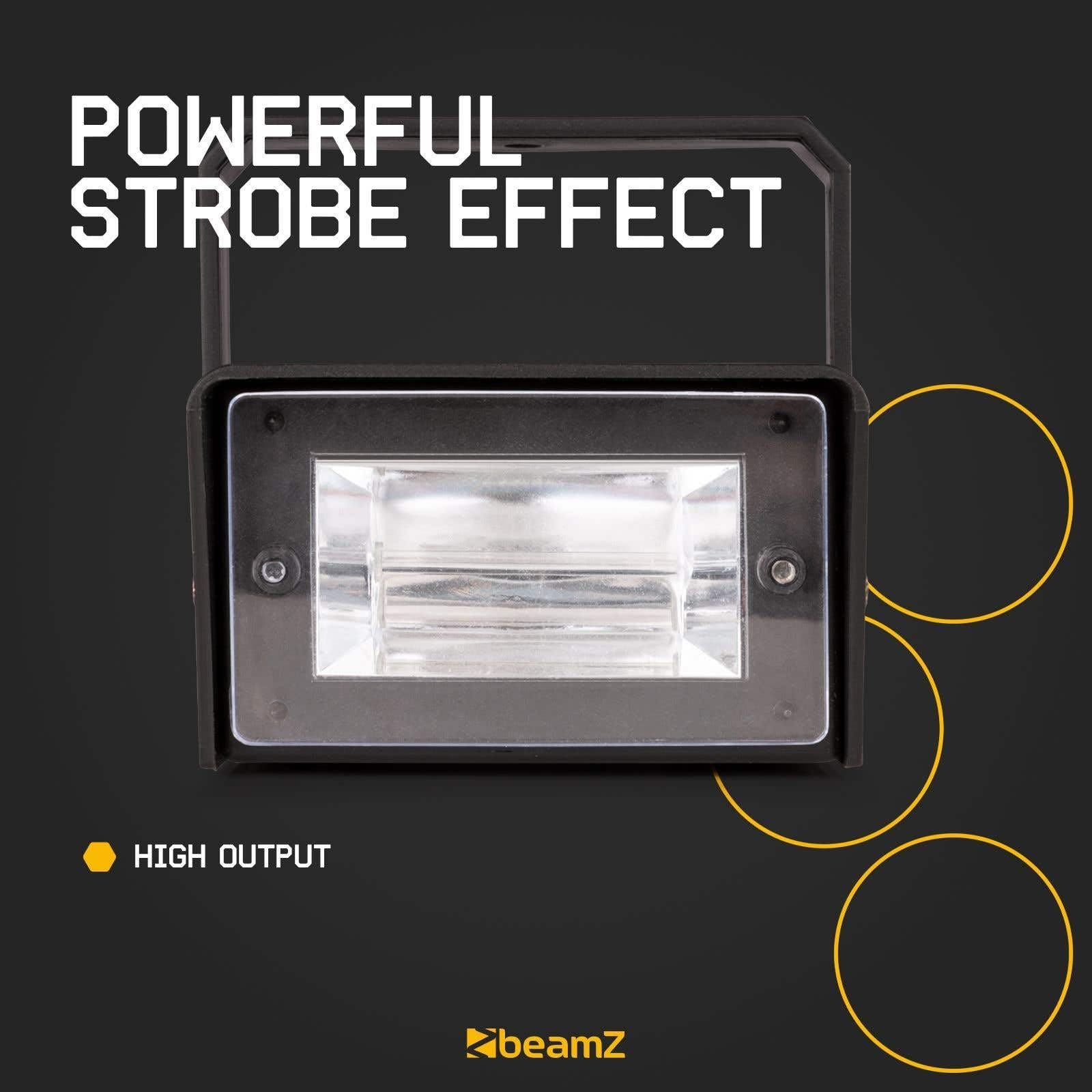 BeamZ BMS50 Mini Strobo de 25W con velocidad ajustable, ligero y compacto, tubo de flash de xenón, máximo 10 destellos por segundo, incluye soporte para colgar.