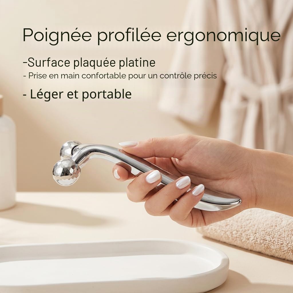 3D Roller Massage Visage, Masseur Visage Manuel ABS Plaqué Platine, Rouleau Visage pour Lifting et Raffermissement, Appareil Massage, Soins Corps et Relaxation, Argent