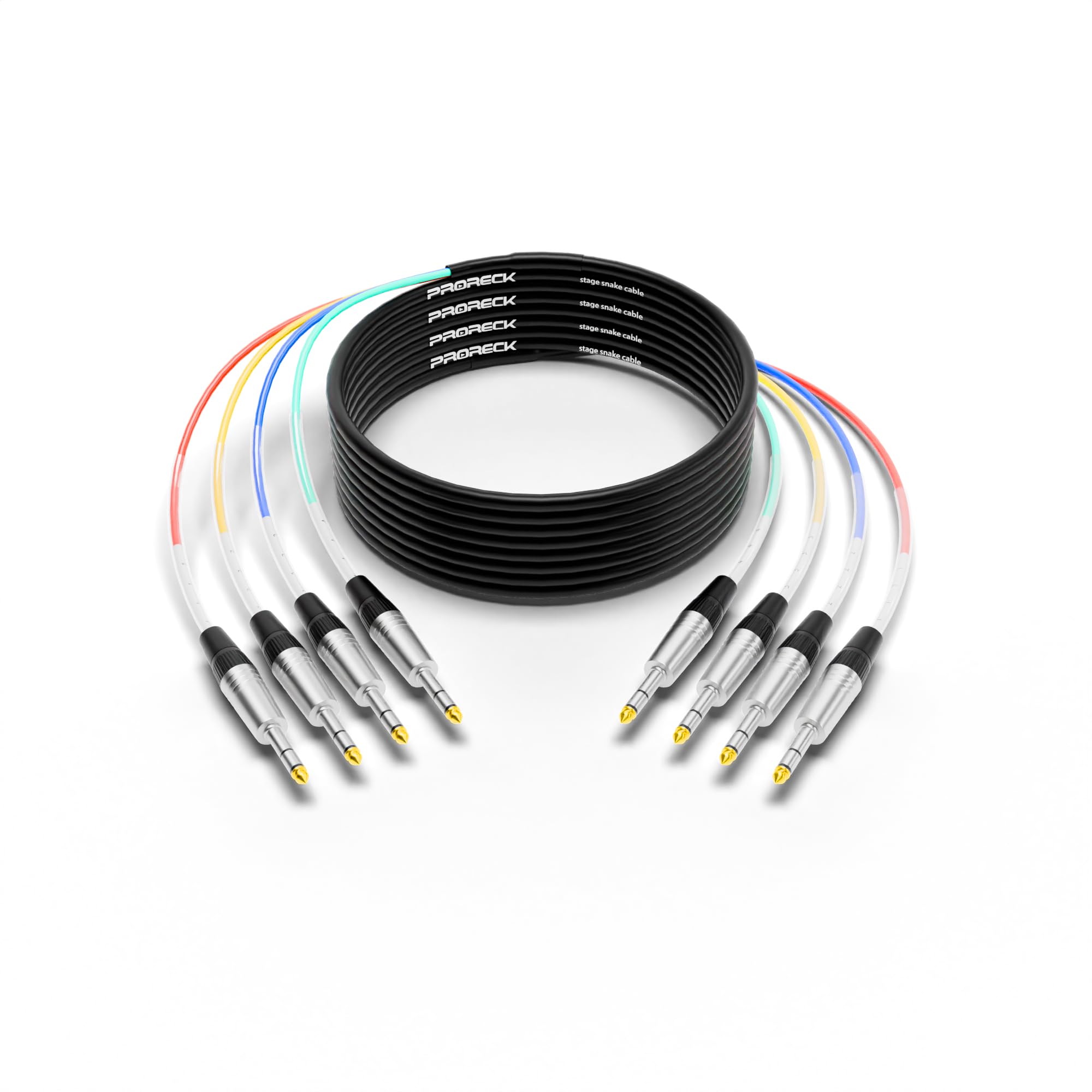 PRORECK Cavo a serpente da 7,6 m, cavo audio schermato a 4 canali, TRS da 1/4" a TRS da 6,35 mm, con connettori contrassegnati a colori per palcoscenico professionale, studio e live (PR-TRS/TRS-4 x