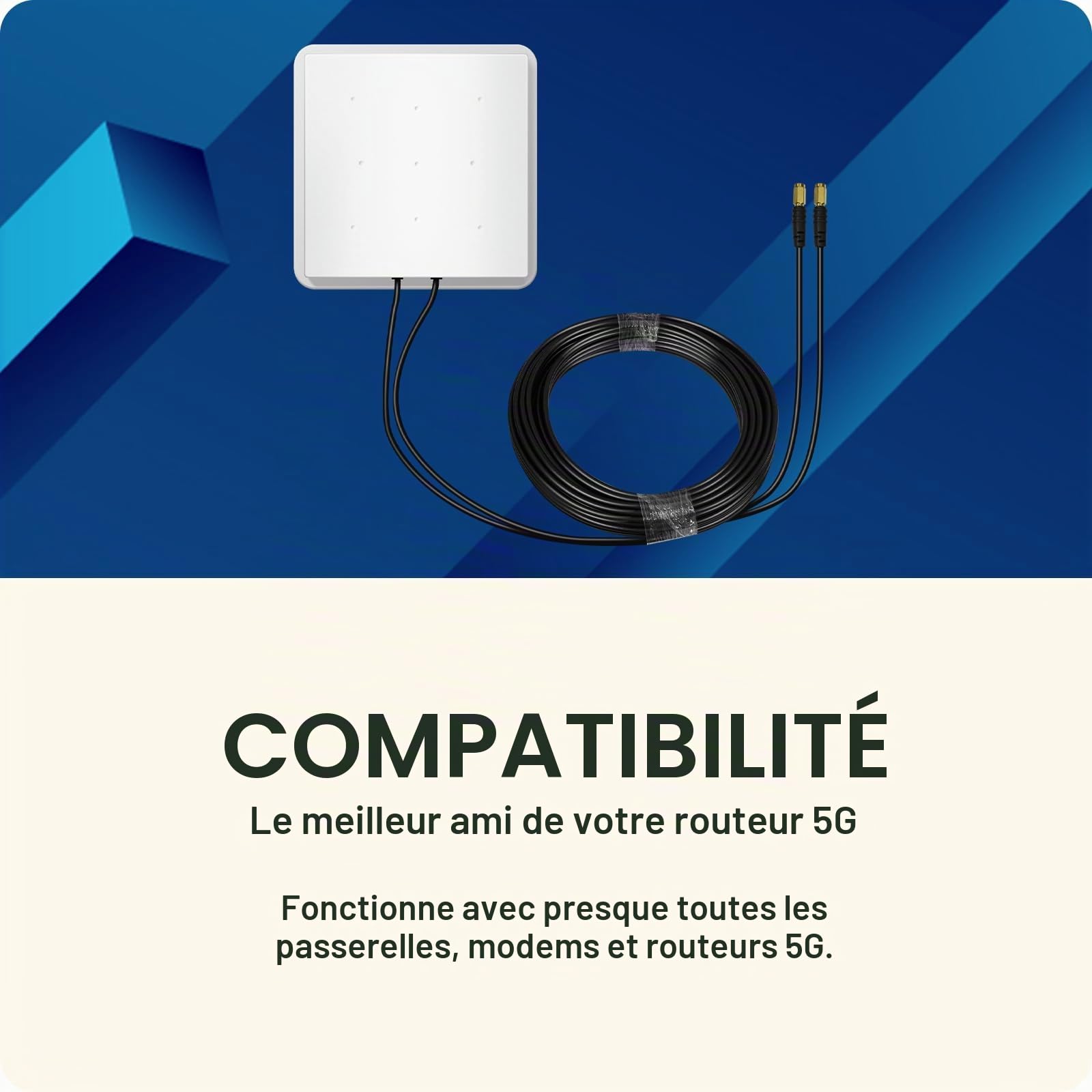 Antenne 5G Exterieure 4G WiFi Dual-Polarisation 14dBi LTE 698-2700/3300-3800 MHz MIMO Directionnelle SMA/2xTS9, Câble 10m, 3G/4G/5G/GSM/GPRS - Blanc