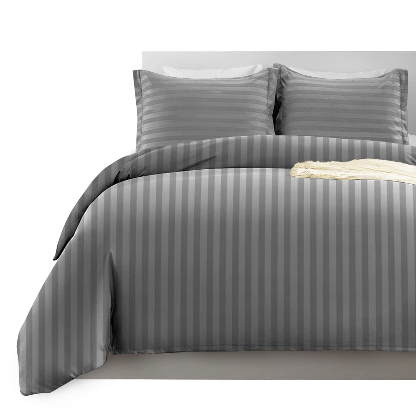 Imperial Rooms Double Duvet Set Reversible Stripes Satin Bedding Set including Pillowcases Breathable Microfiber Duvet Cover (Grey 200x200 Cm)