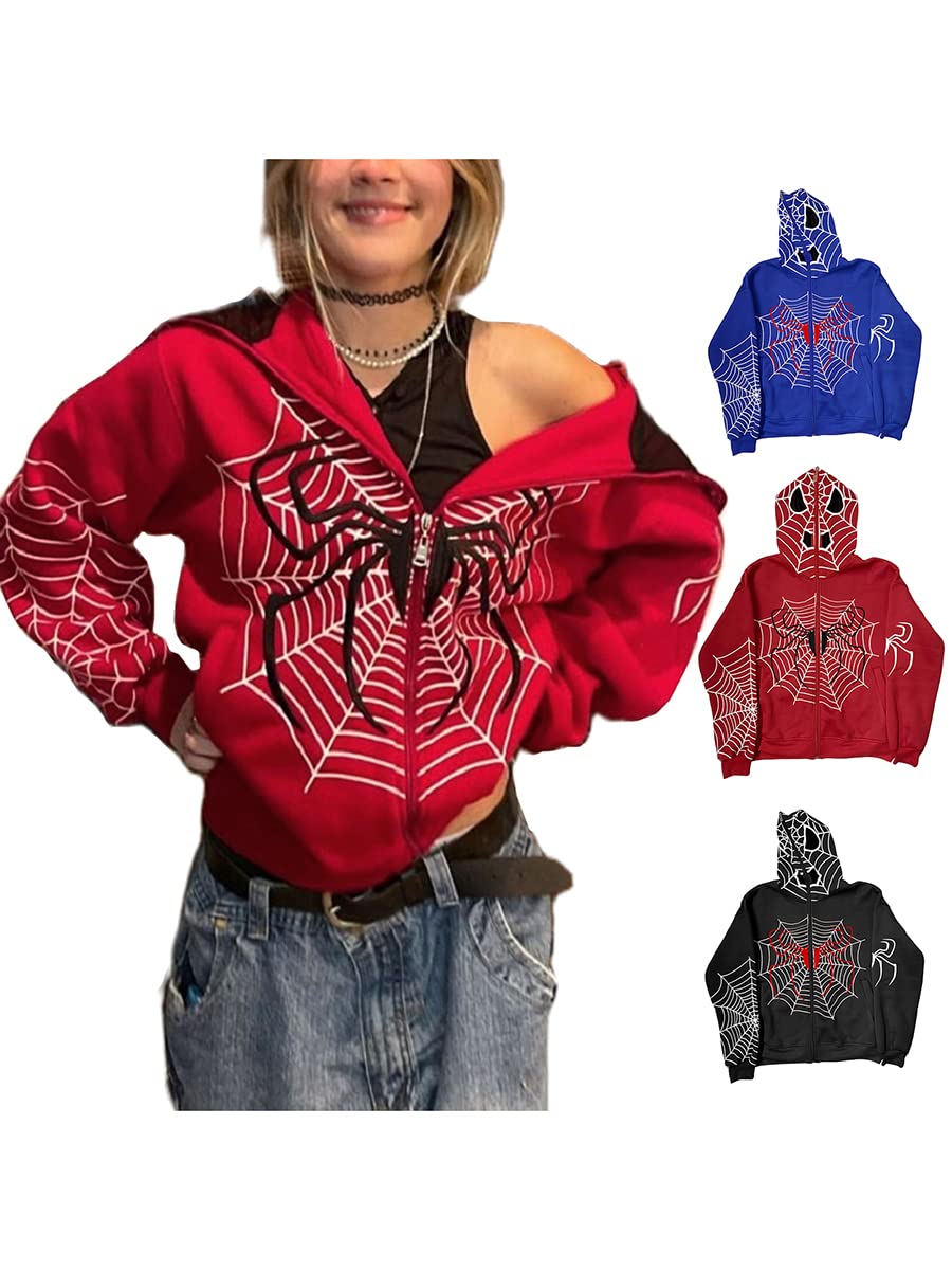 Damen-Kapuzenpullover mit Reißverschluss, modisch, Punk, Spinnennetz-Druck, Sportmantel, Hip-Hop-Jogger, Pullover, 90er-Jahre, Streetwear, Grunge-Hoodies Y2K