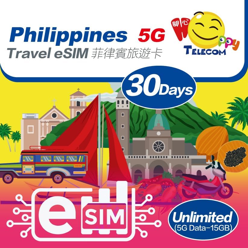 Happy 5G eSim Philippines 30Days Unlimited Data Travel eSim | 15GB of 5G High-Speed Data Then 256kbps | Support iPhone & Android Devices | Easy Activation | No Need Registration