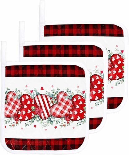 3 Packs Valentine's Plaid Love Pot Holders Sets for Kitchen,Oven Pan Plate Bowl Pads Heat Proof Mat with Hanging Loop,Terry Cloth Potholders Soft