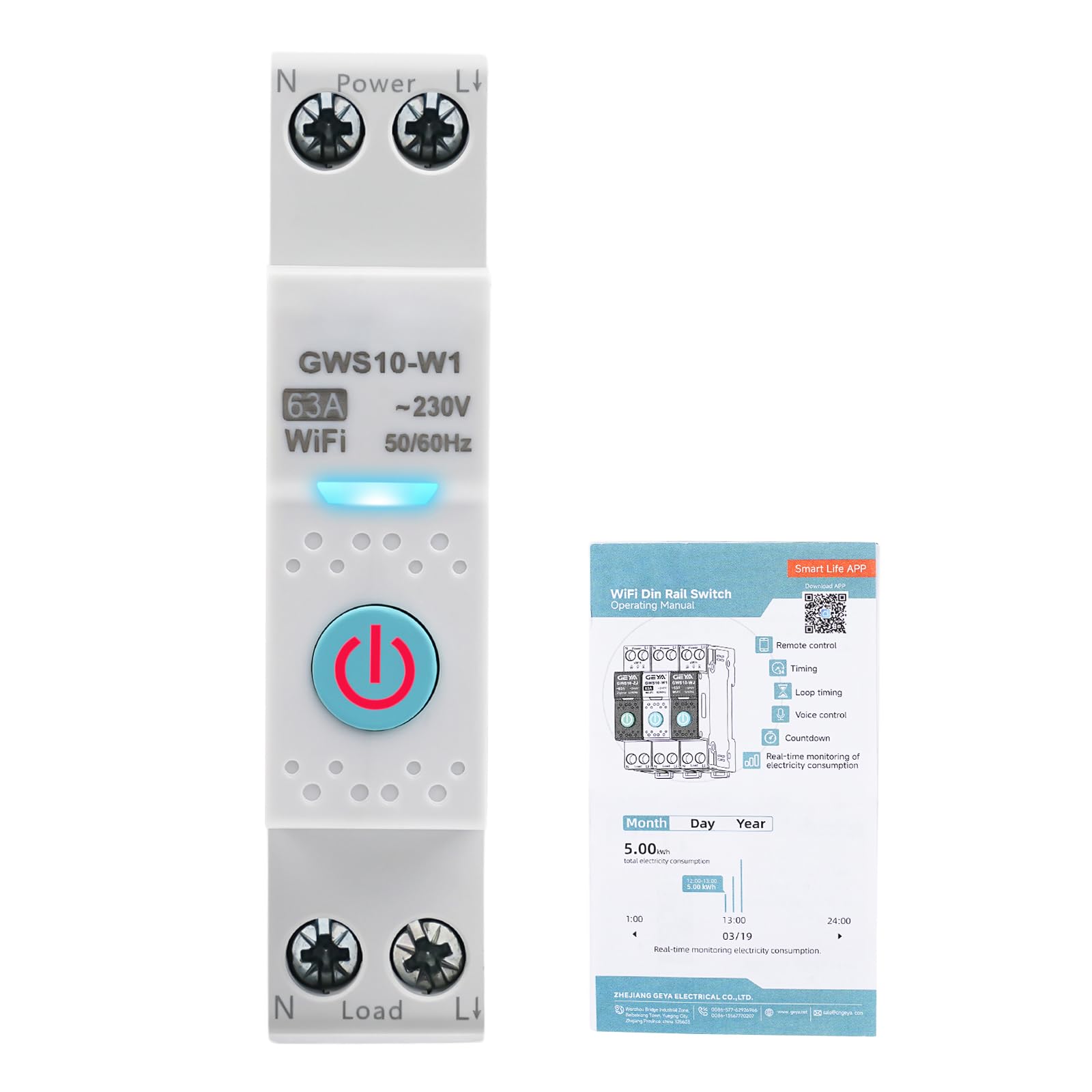 Tuya Disjoncteur Intelligent WiFi Smart Disjoncteur TUYA APP Commutateur de Commande vocale Compte à rebours Minuterie cyclique 63A 230VAC (GWS10-W1 Modèle de base)