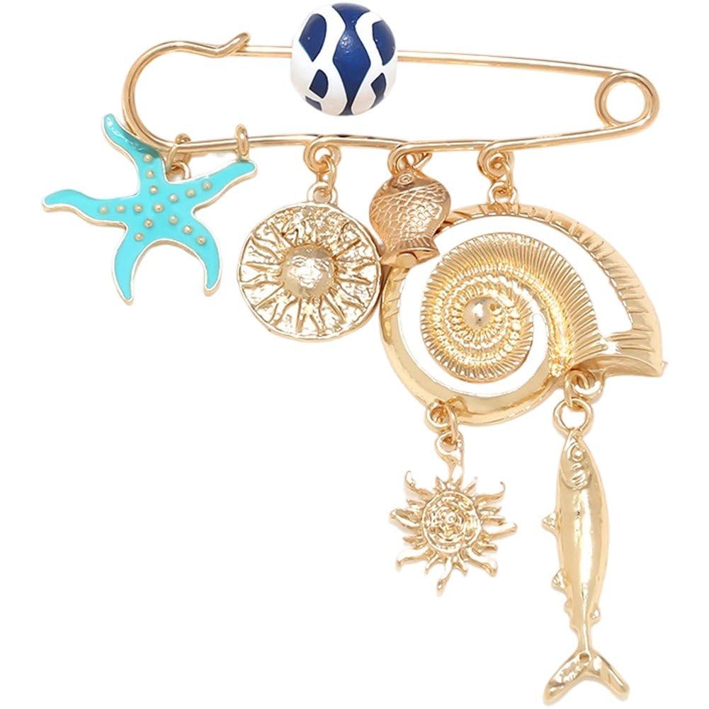 Sslvya Ocean Starfish Conch Brooch Safety Pin Delicate Coastal Decorative Brooches Lapel Pins for Sweater Dress Skirt Jewelry Gift