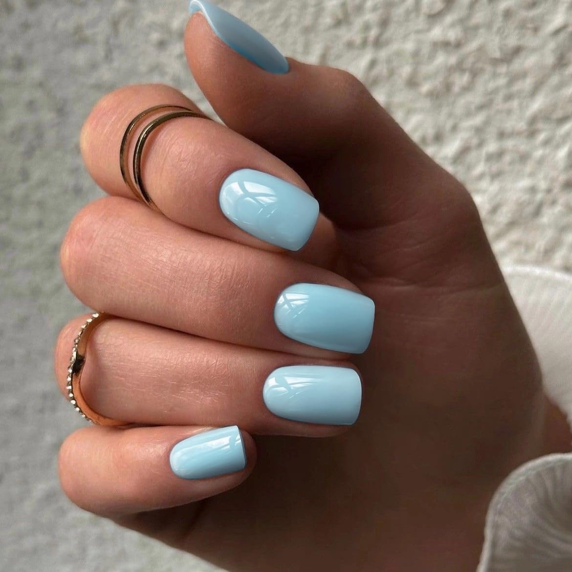 SXVME Light Blue Press on Nails Short Square Acrylic Short False Nails Coffin Natural Acrylic Fake Nails Set Elegant Solid Color Full Cover Glossy Gel Stick on Nail for Women Daily Wear 24 Pcs - Image 2