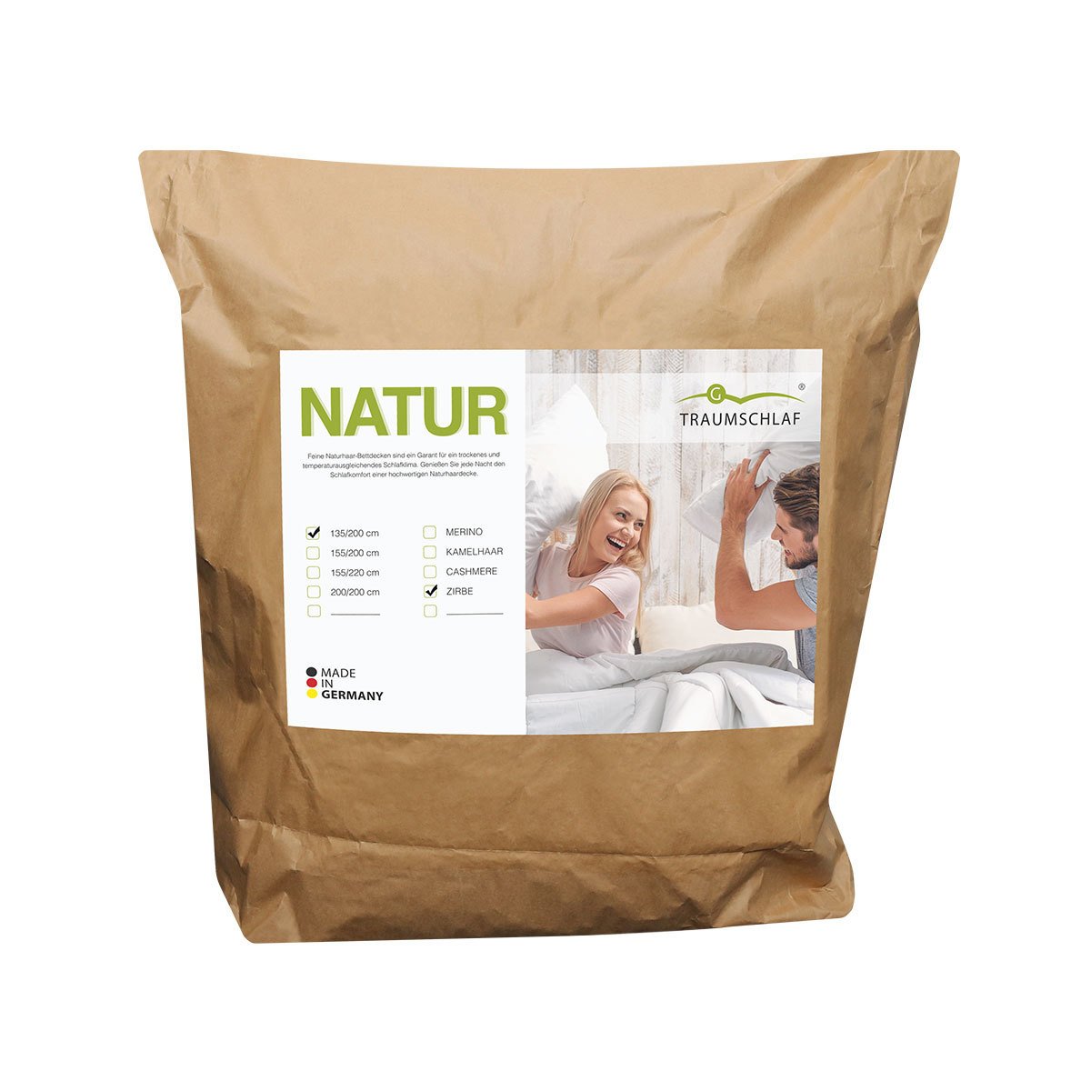 Traumschlaf Merino Zirbendecke Leicht – Sommerbettdecke mit Schurwolle & Zirbenholzspänen – Naturdecke aus KBT Wolle, Baumwollbezug – Made in Germany – 135x200 cm