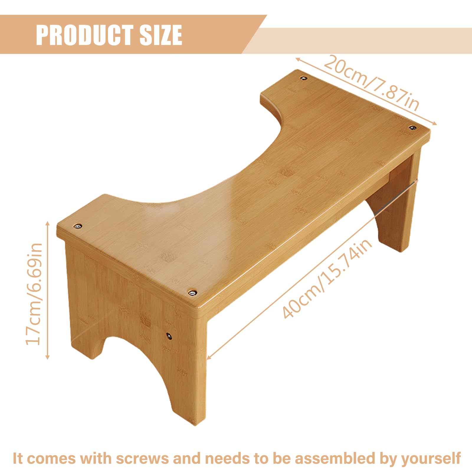 Sgabello per WC in bambù stabile per adulti, 37 x 20 x 17 cm, ergonomico, design naturale, sgabello per WC sano e portatile, aiuto per la seduta in caso di stitichezza