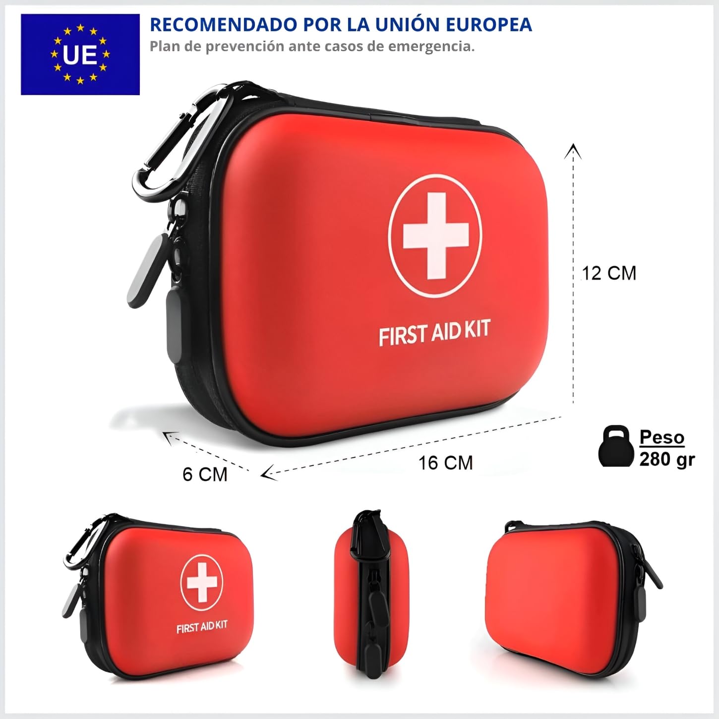 Botiquín de Primeros Auxilios 96 Piezas - Kit de Seguridad para Coche con Martillo Emergencia y Cortador de Cinturón - Estuche Rígido Impermeable