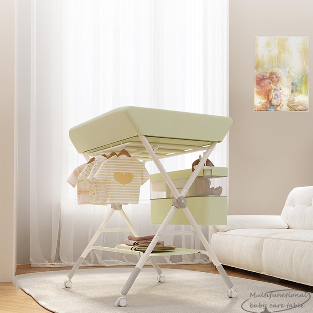 Aptliton Table à Langer Bébé Multifonction, Pliable Et Portable pour Change, Massage Et Bain, avec roulettes Silencieuses, Panier De Rangement, Tringle à Linge Et Étagère, 103x60x80cm, Gris/Vert