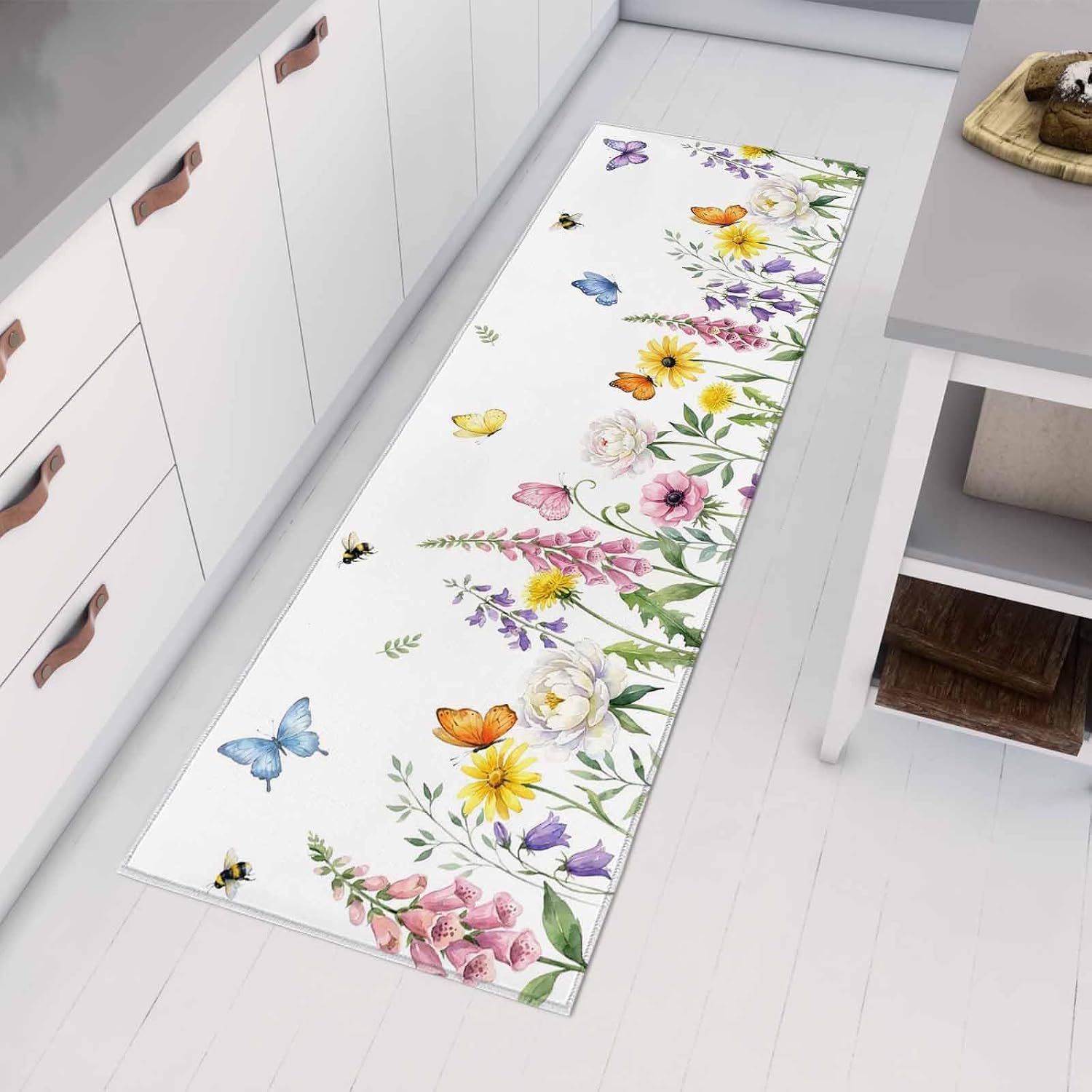 Kitchen Mats for Floor Watercolor Country Wildflower Leaf Washable Non Slip Kitchen Rugs 1PCS, Pastoral Plant Butterfly Bee Absorbent Standing Mats for Sink Bathroom Office Living Room 23.6x70.9in