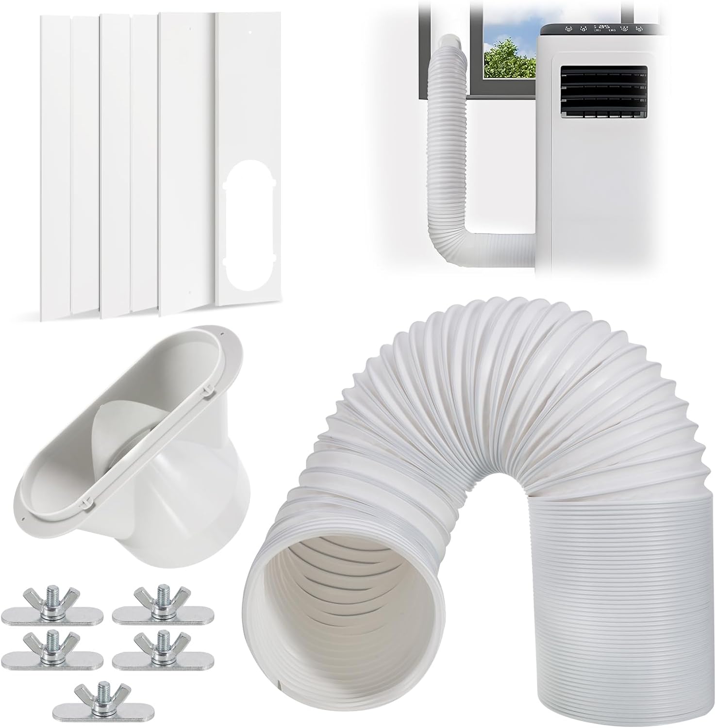 Portable Air Conditioner Vent Kit, AC Window Seal Kit with 5.9" (150mm) Hose (Extends to 1.5m), 4 Adjustable Panels (17-63"), Easy Installation for Sliding Windows