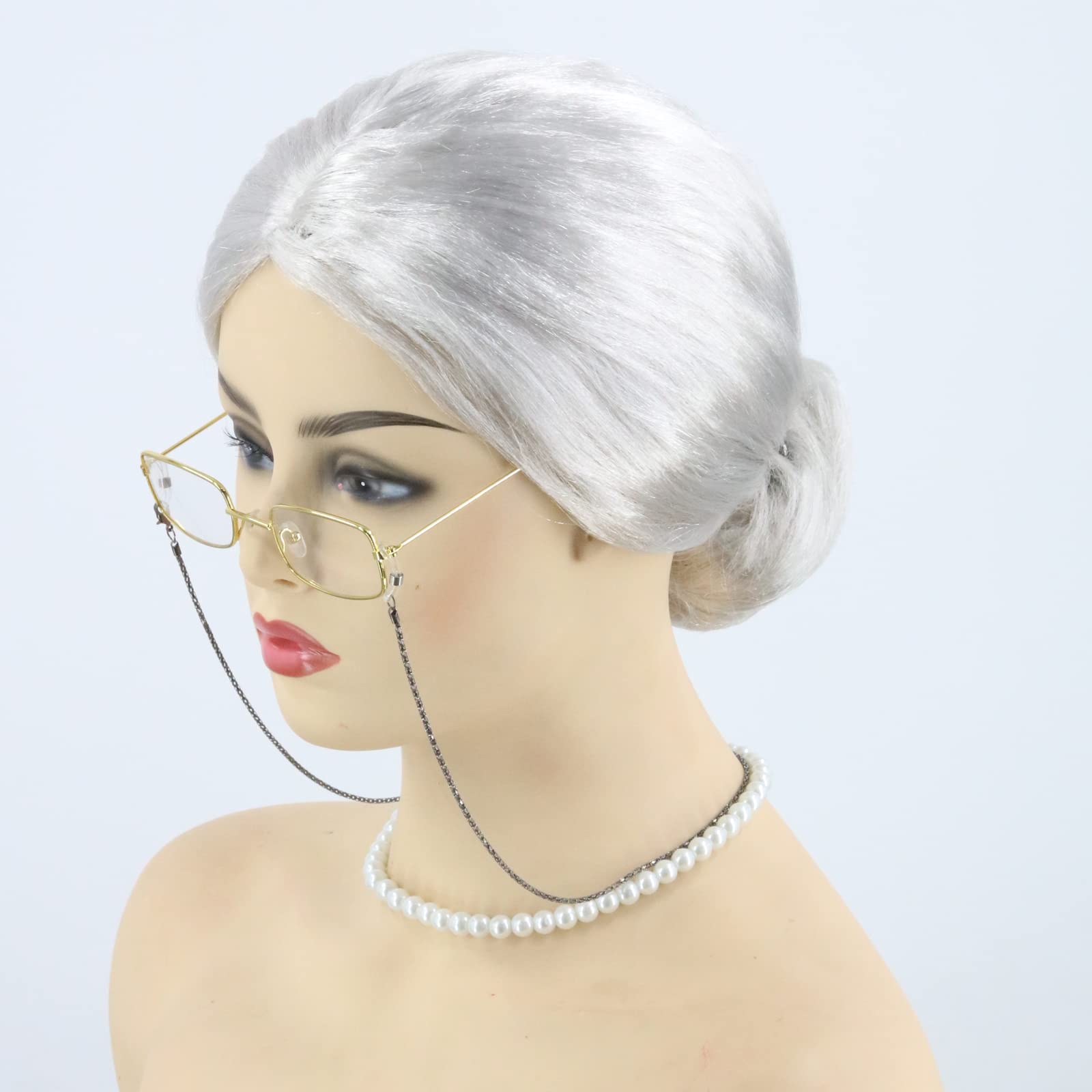 Topcosplay 3pcs Grandma Wig with Pearl Necklace and Glasses Old Lady Costume Set Adults Granny Grey Wig for Halloween Cosplay (White) - Image 4