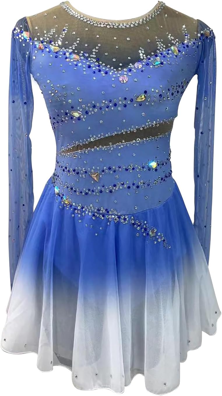 Figure Skating Dress,Girls Gound Neck Gauze Blending Hook Diamond Gradient Skating Performance Competition Wear Costume Blue