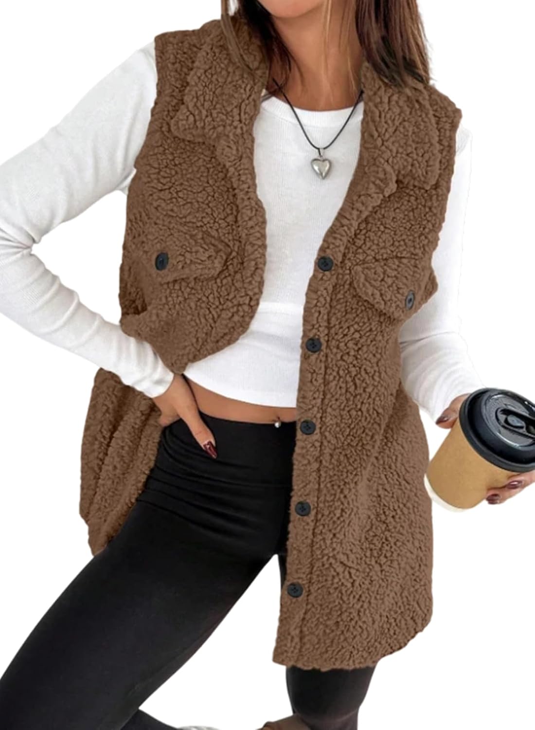 EVALESS Womens Warm Sherpa Fleece Sleeveless Button Down Long Vest Sherpa Jackets Coat Outerwear