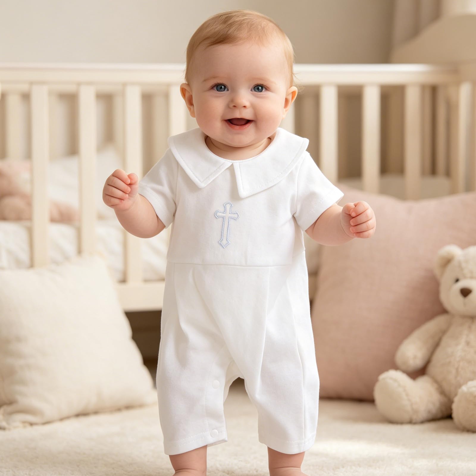 Operitacx Conjunto de ropa para bautizo de bebé niño: mono blanco de manga corta para ceremonia de bautismo, conjunto de ropa formal para recién nacido con babero y gorro, talla 59 cm.
