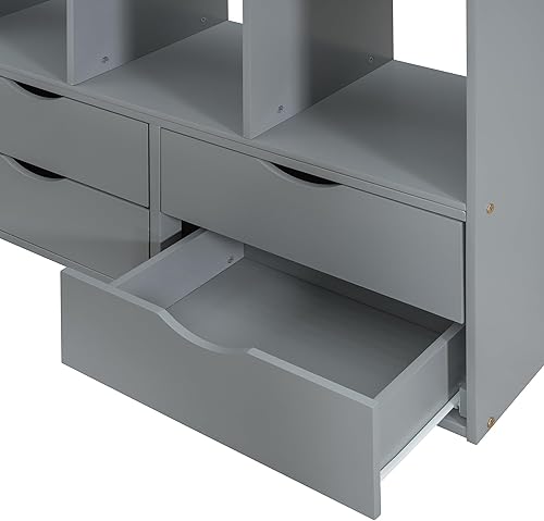 Miniatura 173 de Cama tipo loft de tamaño individual con 3 estantes, 2 armarios y 2 cajones, cama alta funcional con escalera de almacenamiento, marco de cama loft