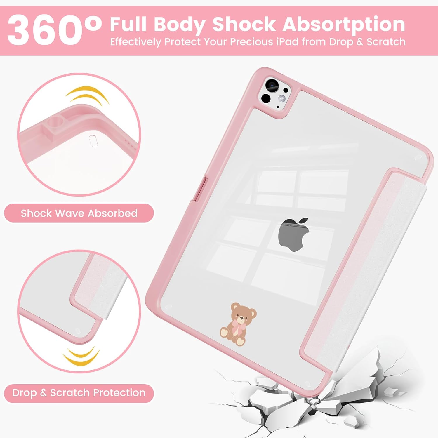 Case Compatible with iPad Pro 11 inch M5 2025 6th Generation / M4 2024 5th Generation, Shockproof Hybrid Slim Stand Cover with Clear Back Shell & Pencil Holder, Auto Wake/Sleep, Z005