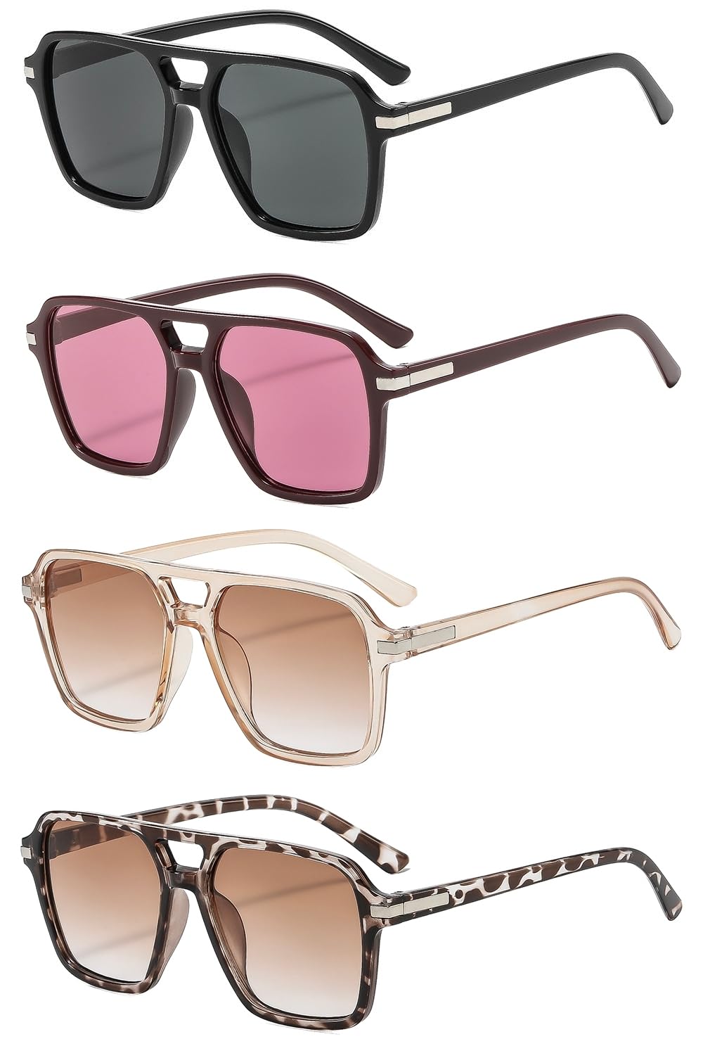 4 Pieces Retro Square Aviator Sunglasses for Women Men Rectangle Shades | ﻿ 70s Vintage Double Bridge Eyewear，Flat Frame Vintage Shades，Classic 70s Sun Glasses，UV400 Protection