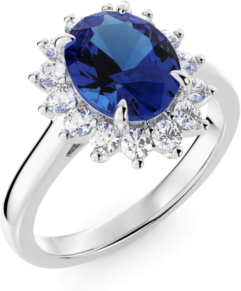 MSBLUE 3 Carat Lab Grown Oval Sapphire Engagement Ring, 14K White Gold Vermeil, Moissanite Halo, Princess-Inspired