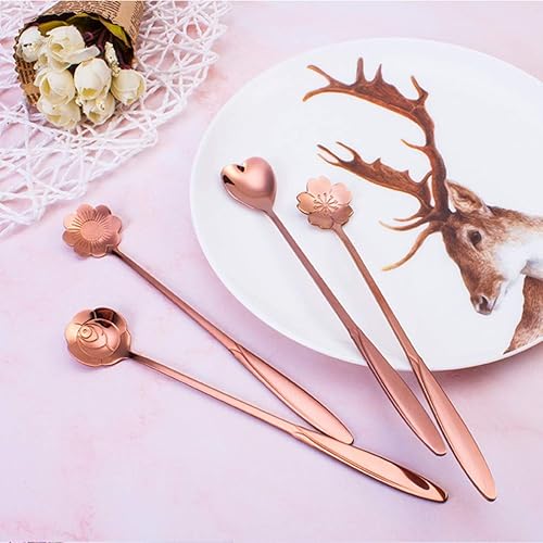 Miniatura 8 de DOITOOL 3 cucharas de acero inoxidable, cucharas de mezcla de mango largo para té, cóctel, café, cucharas para revolver, oro rosa, flor de cerezo