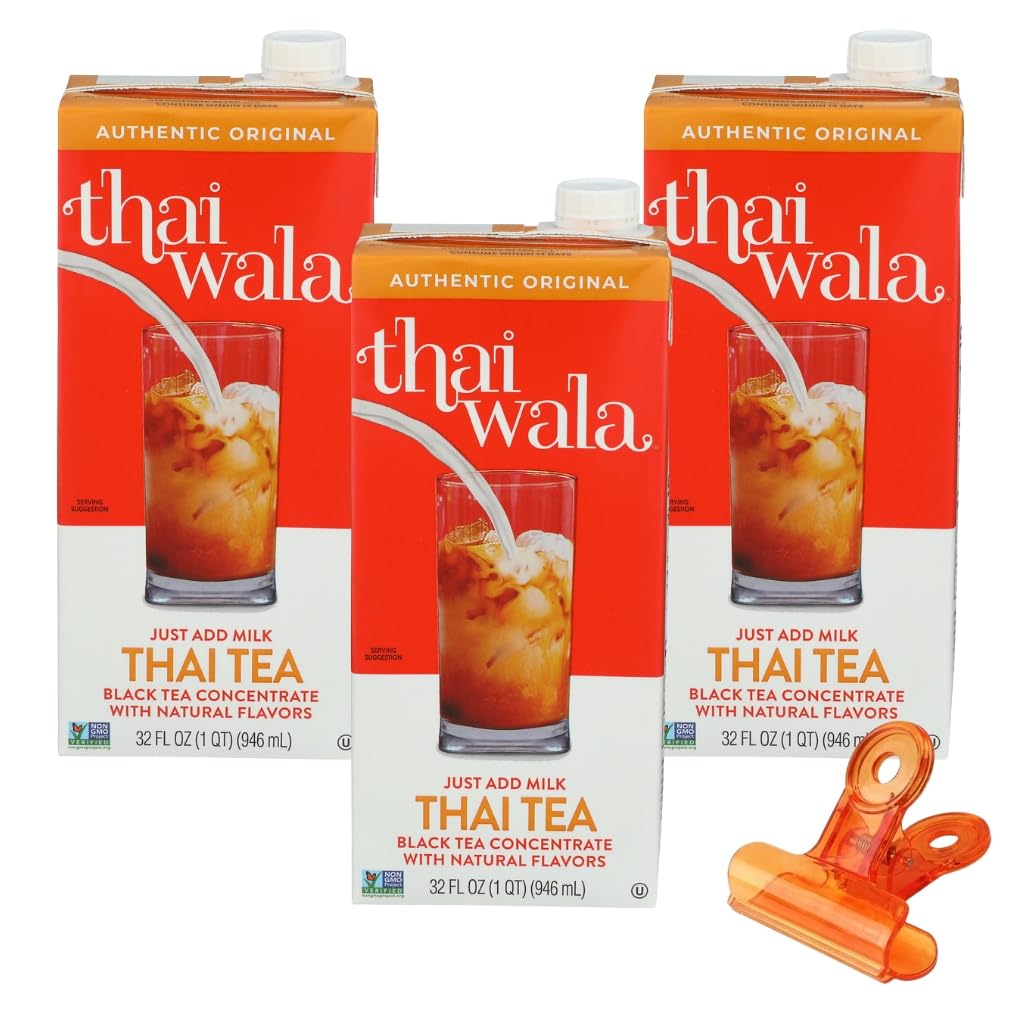 Thaiwala Tea Concentrate Thai Original – 32 fl oz Bottles – Concentrate for Iced Mix and Milk – Iced Thai Tea with Food Bag Clips – Pack of 3
