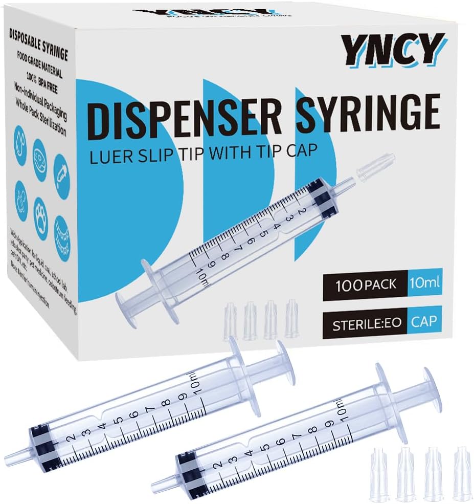 100 pack 10ml syringes with cap, luer slip tip, 10cc syringe whole pack bulk sterile sealed, no needle