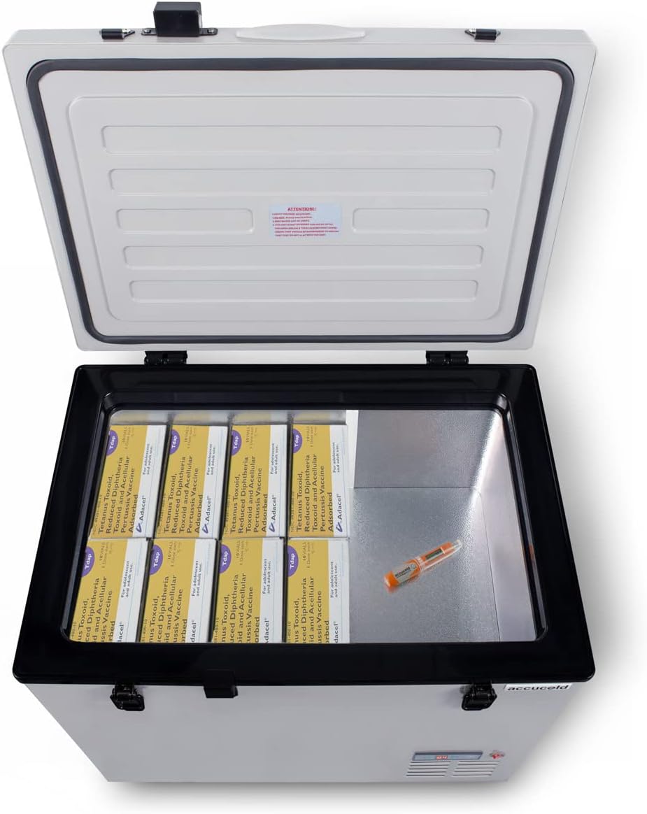 Summit Appliance SPRF86M2 Portable 12/24V Cooler Capable of Operation as Refrigerator (2-8°C) or Freezer (-12°C) with Insulated Cover, Interior Wire Basket, Lock, Strap Handle and Four Wheels