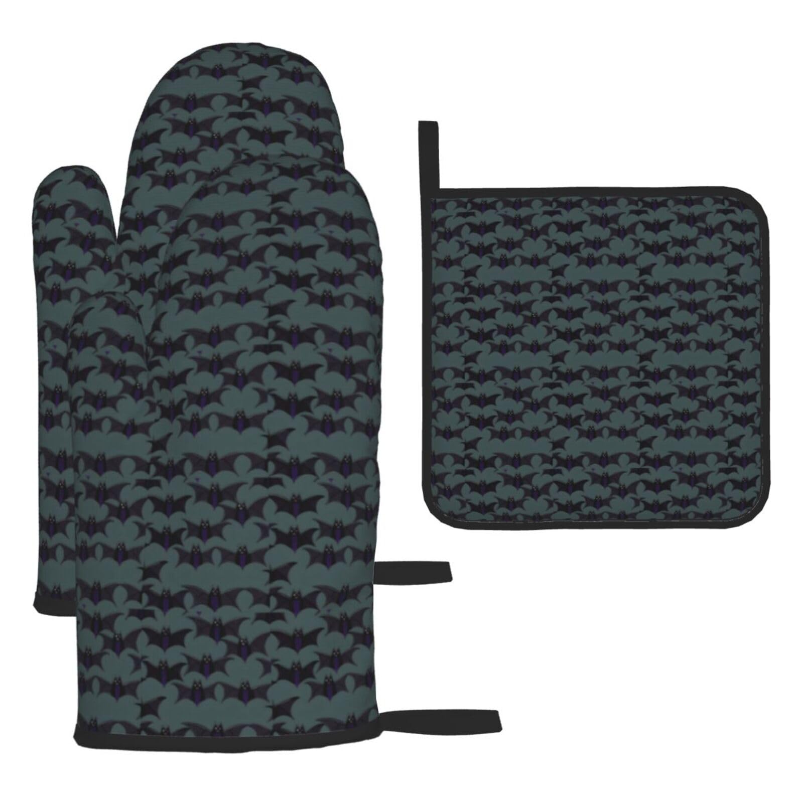 Bat Pattern Print Oven Mitts Kitchen Gloves Set Everyday Baking Grilling Microwaving Cooking Gift