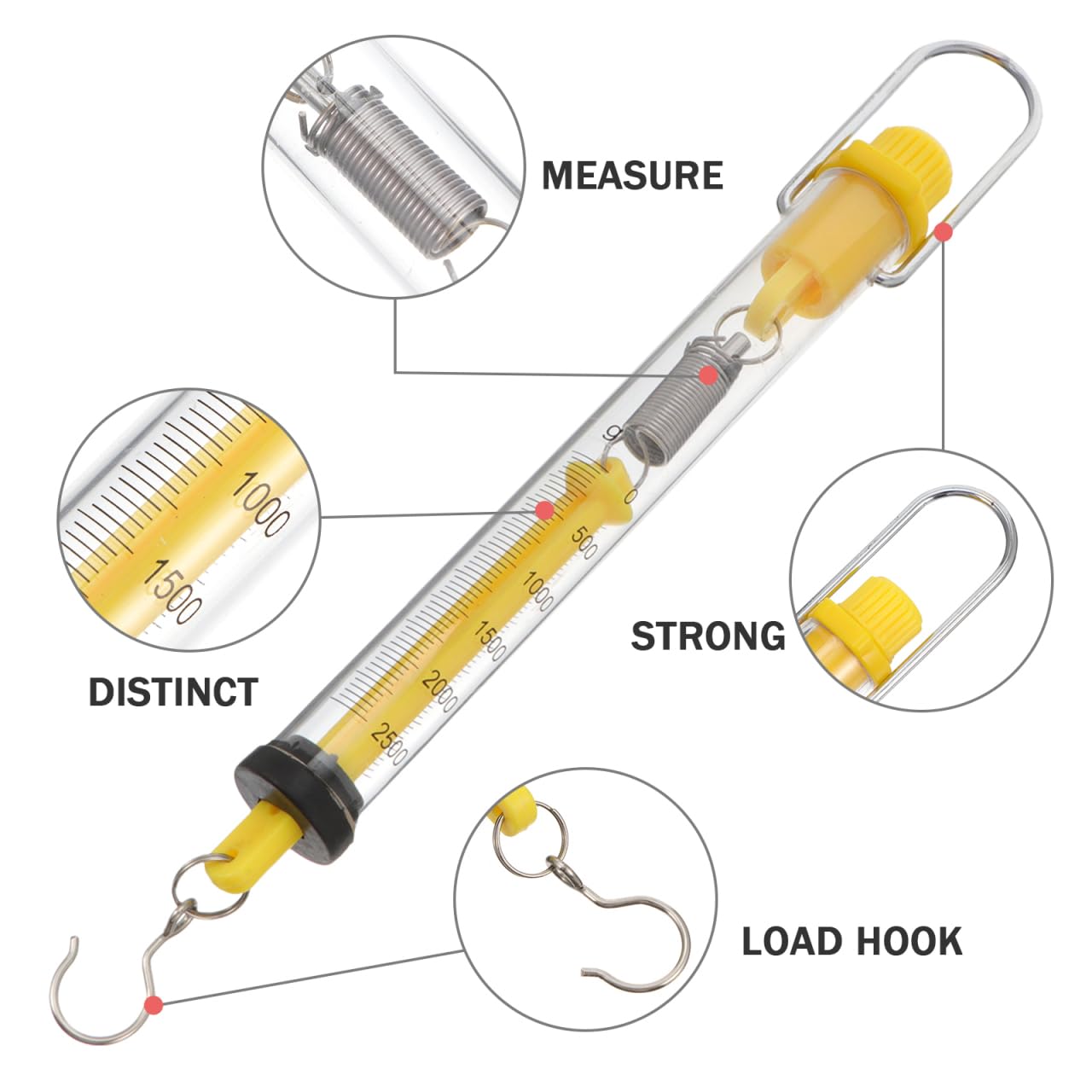 Báscula de resorte de plástico, 2,5 kg, portátil, para colgar, Newton, medidor de fuerza, con gancho para profesores, estudiantes, laboratorios, 4 unidades