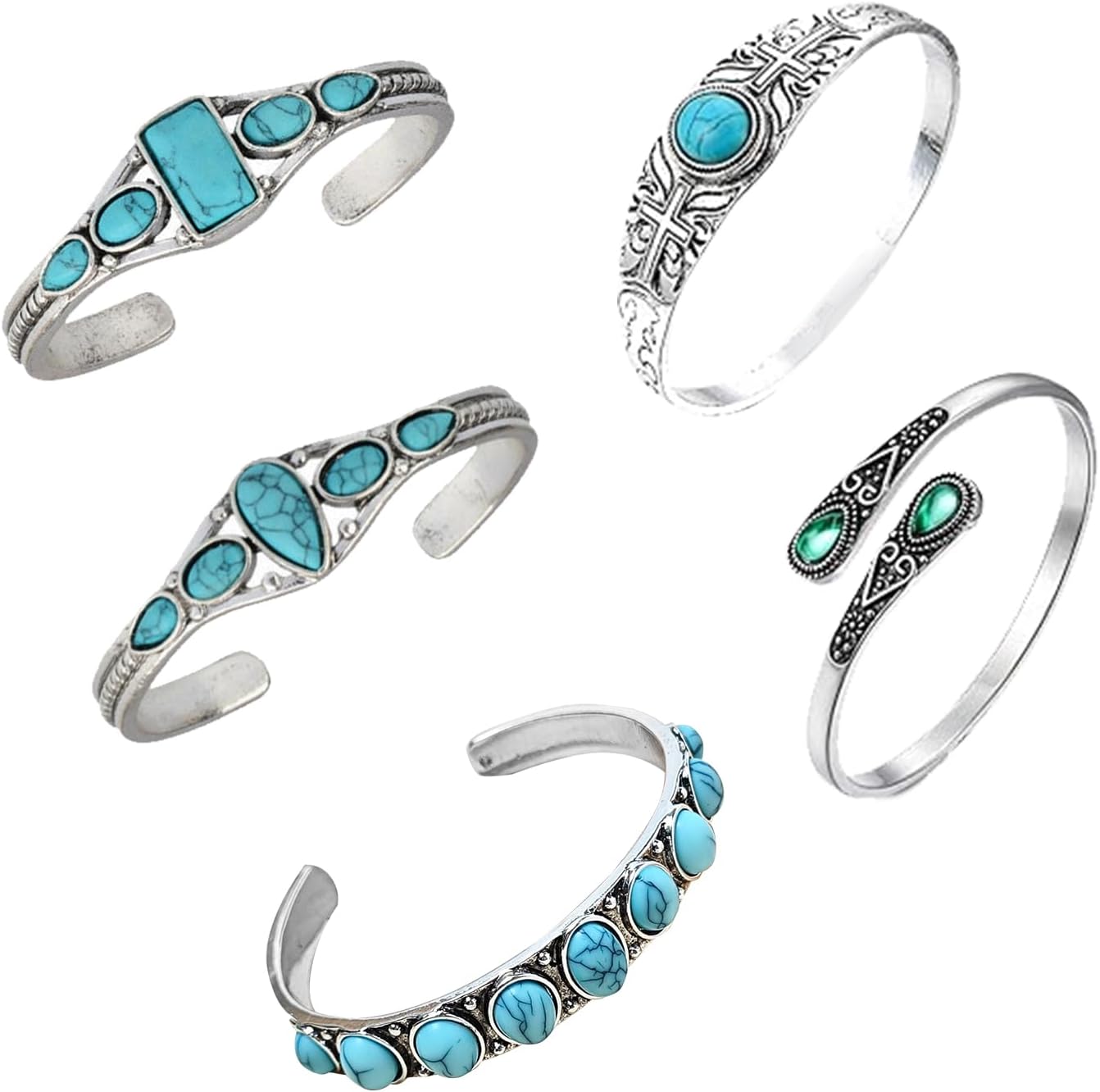 5Pcs Turquoise Bracelets Set Turquoise Cuff Bracelets for Women Adjustable Silver Bangle Bracelets Cowgirl Stackable Bracelets Boho Western Jewelry for Women