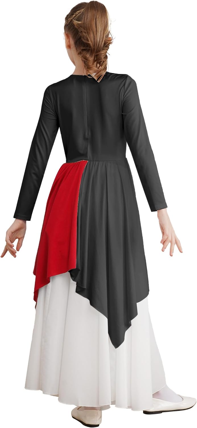 Girls Metallic Shiny Praise Dance Dress Tunic Liturgical Lyrical Worship Dance Robe Color Block Praisewear