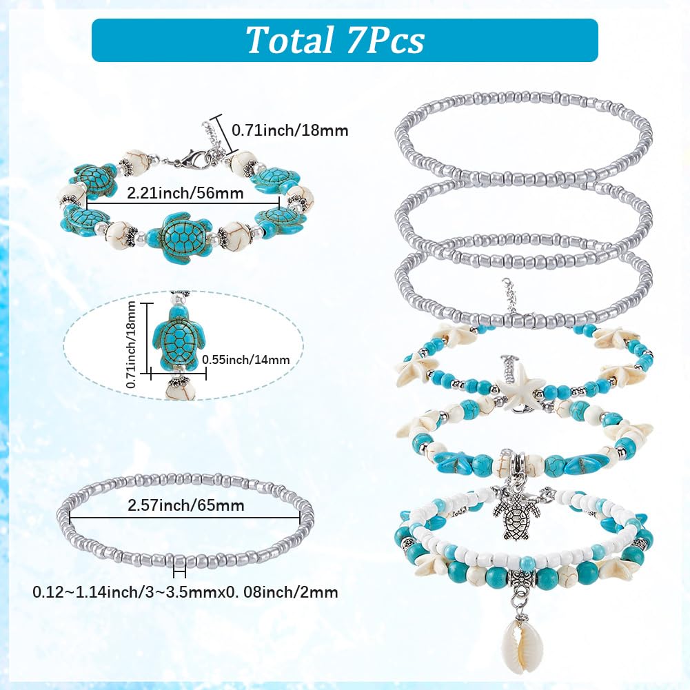SUNNYCLUE Juego de 7 pulsera de Tortuga Marina con Turquesas para Mujer, Estilo Océano, Verano, Hawái, Concha de Cauri, Cuentas de Cristal Turquesa, Estilo Tibetano, Playa, Multihebra, Joyería de la A