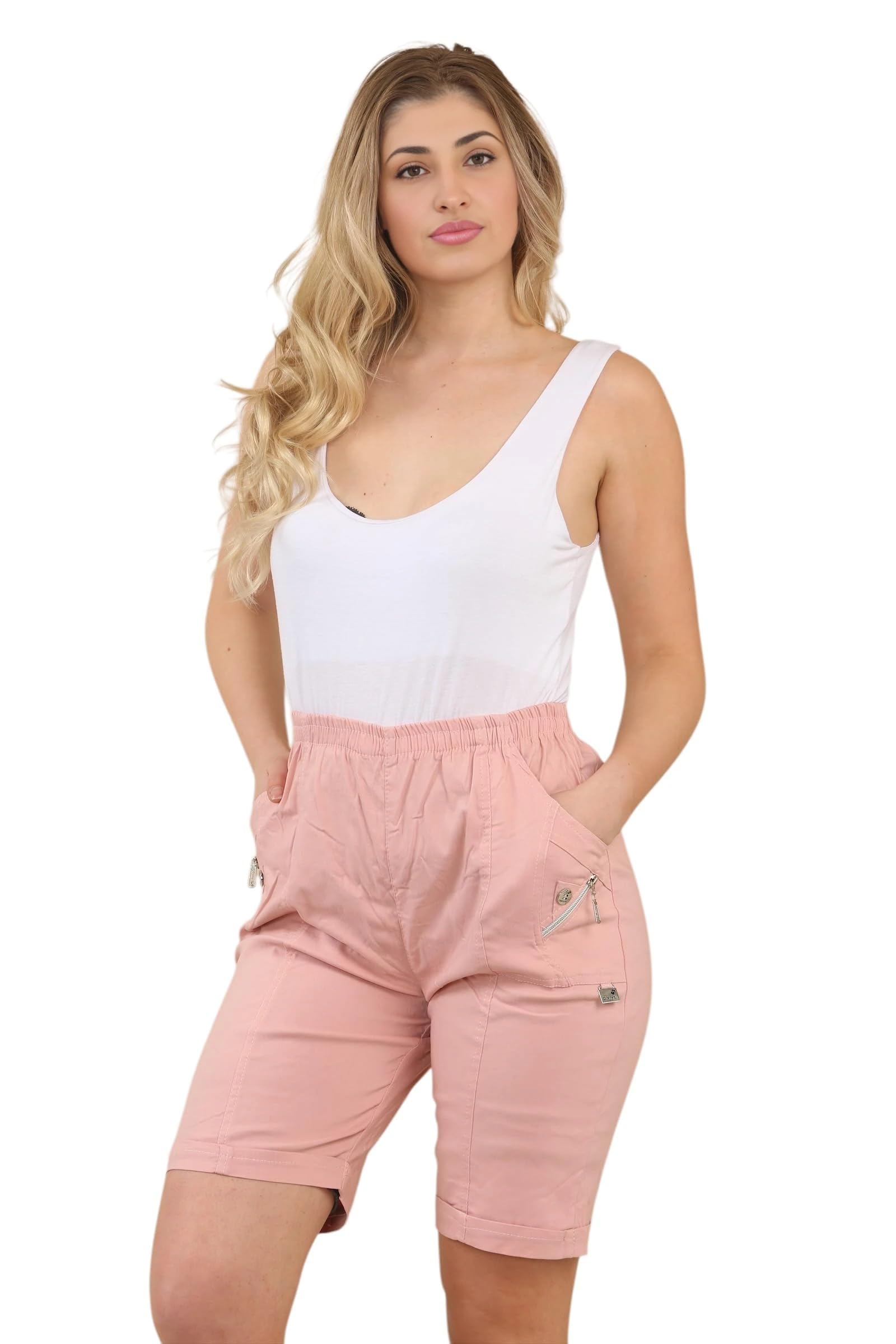 AR Paris Fashions Short D'Été Femme Cherry Berry - Longueur 1/2 Jambe - Taille Élastique Confort - Extensible Coton - Tailles 38 à 48