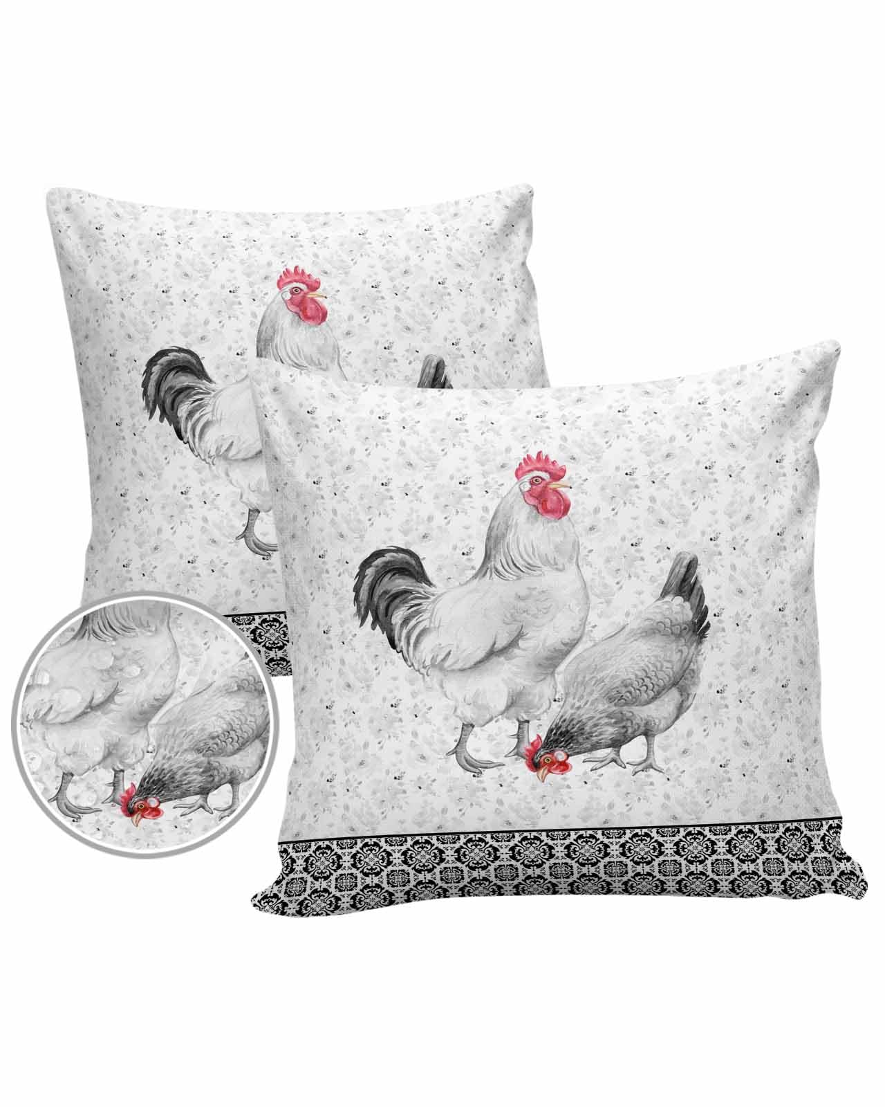 Retro Rural Outdoor Pillow Cover 20x20 Inch Cushion Sham Case,Waterproof Decorative Square Throw Pillowcase for Outside Garden Patio Couch Chair Tent Farmhouse Rooster Hen Floral Black White Boho