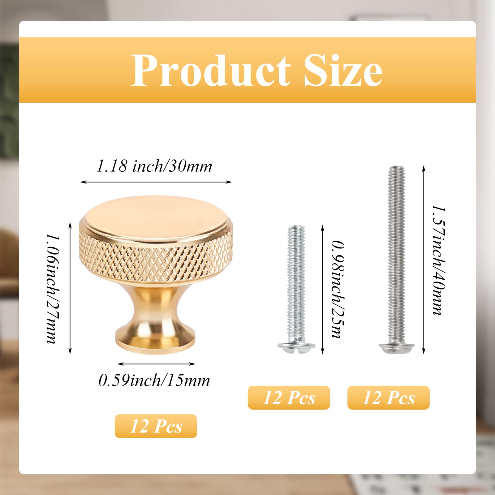 BZUEPRS 12PCS Cabinet Knobs Kitchen Door Knobs, Gold Handles for Drawers Kitchen Drawer Handles with 24PC Screws (40 & 25mm) - Image 2