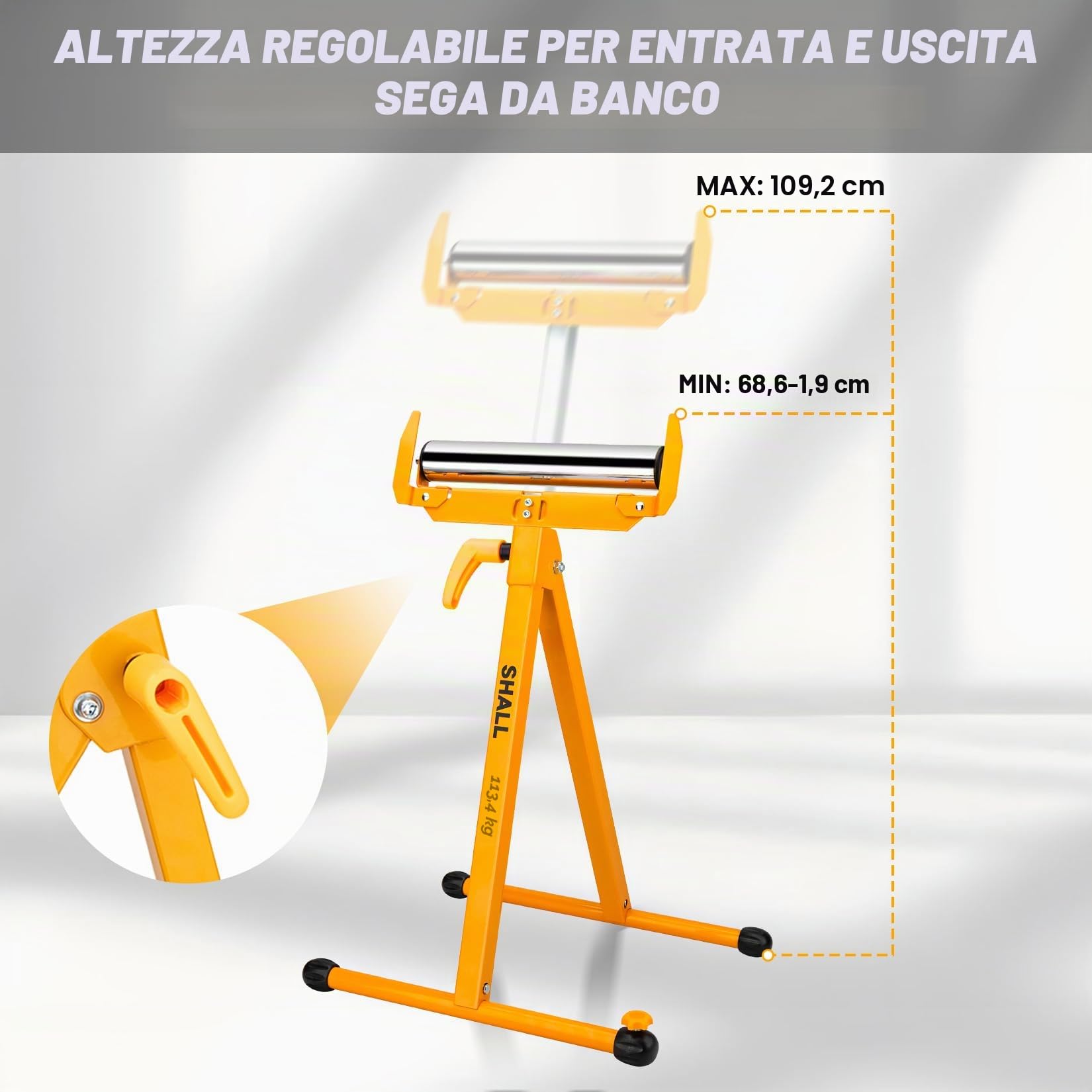 Shall Confezione da 2 supporti pieghevoli a rullo, resistenti, capacità di carico di 113,4 kg, altezza regolabile da 70 a 100 cm, per sega da banco, lavorazione del legno