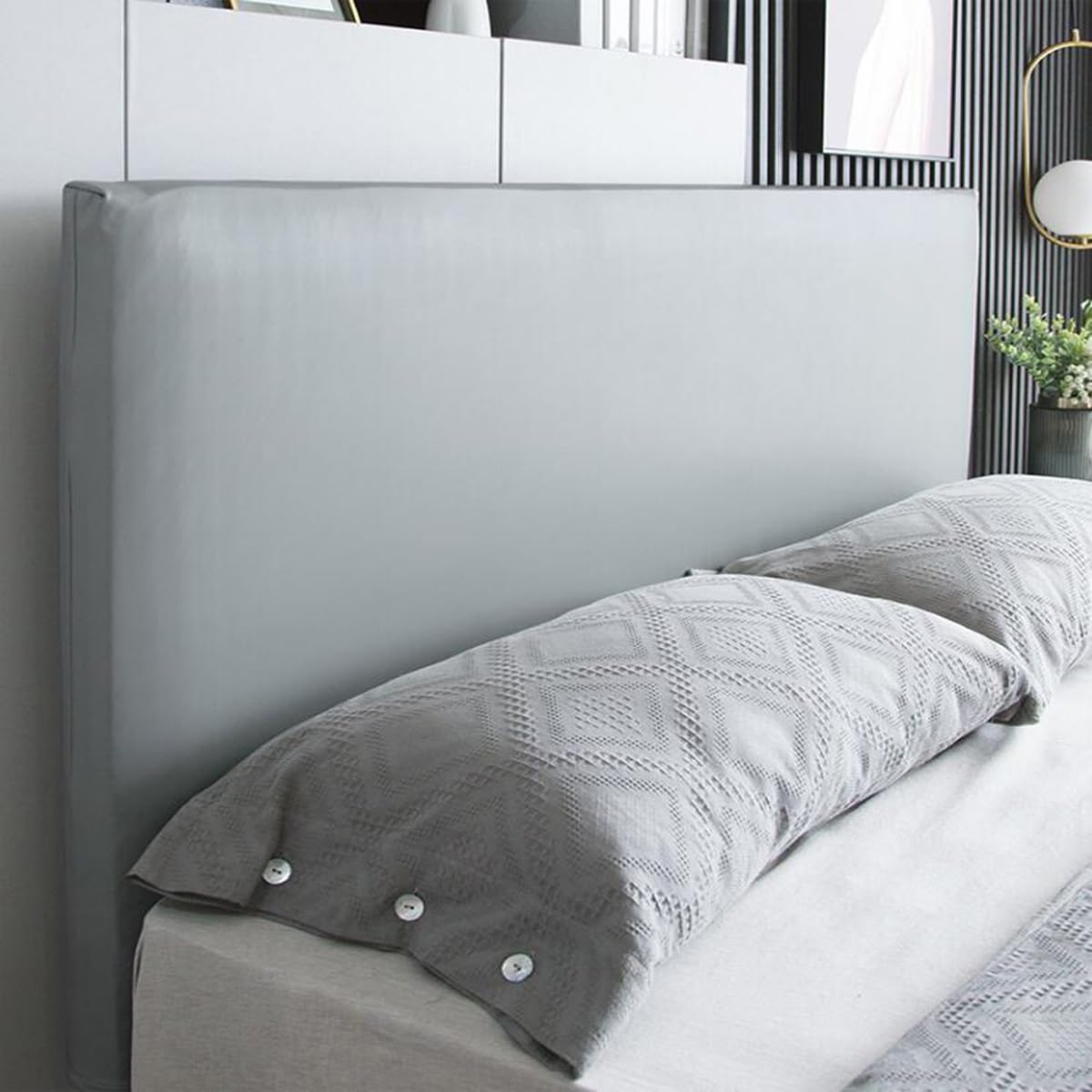Housse de tête de lit élastique universelle pour lit double/simple – Protection de tête de lit en similicuir gris – Convient pour lit de 170 à 190 cm – Durable, élégante, facile à nettoyer
