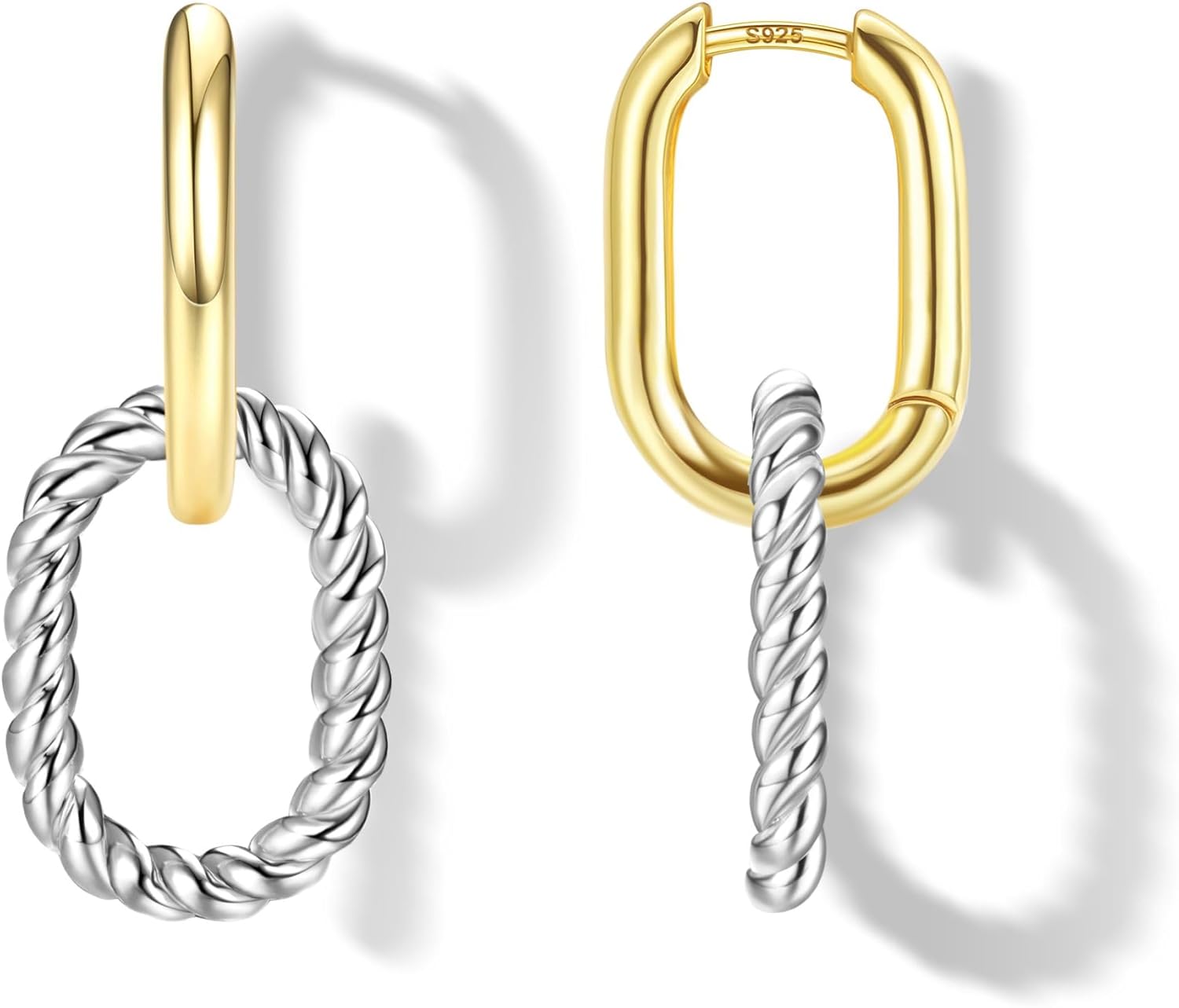 18K Gold Plated Two Tone Gold Silver Hoop Earrings for Women Hypoallergenic - 925 Sterling Silver Drop Dangle Paperclip Huggie Hoop Earrings - Chain Link Dangle Earrings Jewelry - Image 8