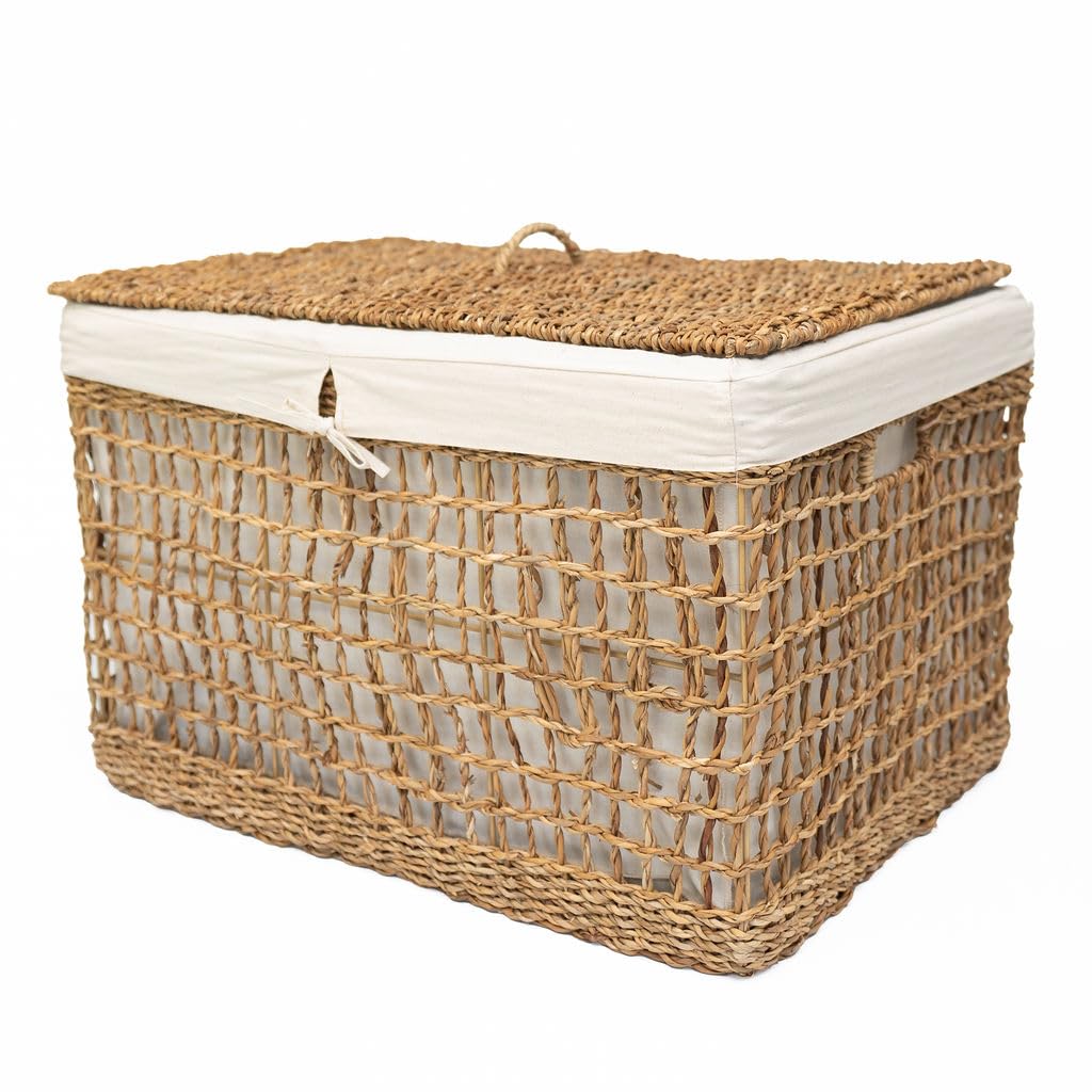 Arthur Cameron Natural - Balu Lidded Seagrass Storage Basket & Clothes Basket – Scandi Home Decor For Stylish Utility Room Storage Solutions (Large)