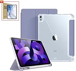 Capa Para iPad Air 4ª/5ª/M2/M3 Geração 10,9/11", Com Suporte a Caneta, Fundo Transparente para DIY/Anti Impacto/Auto Sleep/Premium Resistente Funcional (Púrpura, Com Película de Vidro)