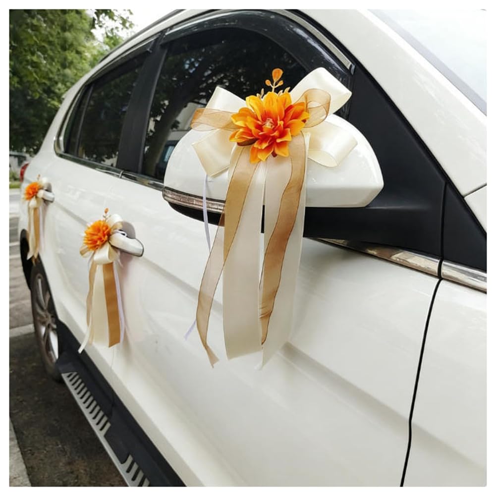 Autoschleifen Künstliche Blume Hochzeit Autoschmuck Simulation Blumen Rückspiegel Türgriff Blume Schleife Dekoration mit Saugnäpfe Hochzeitsauto Deko für Hochzeits Auto Stuhl Party 5# 24 Stück