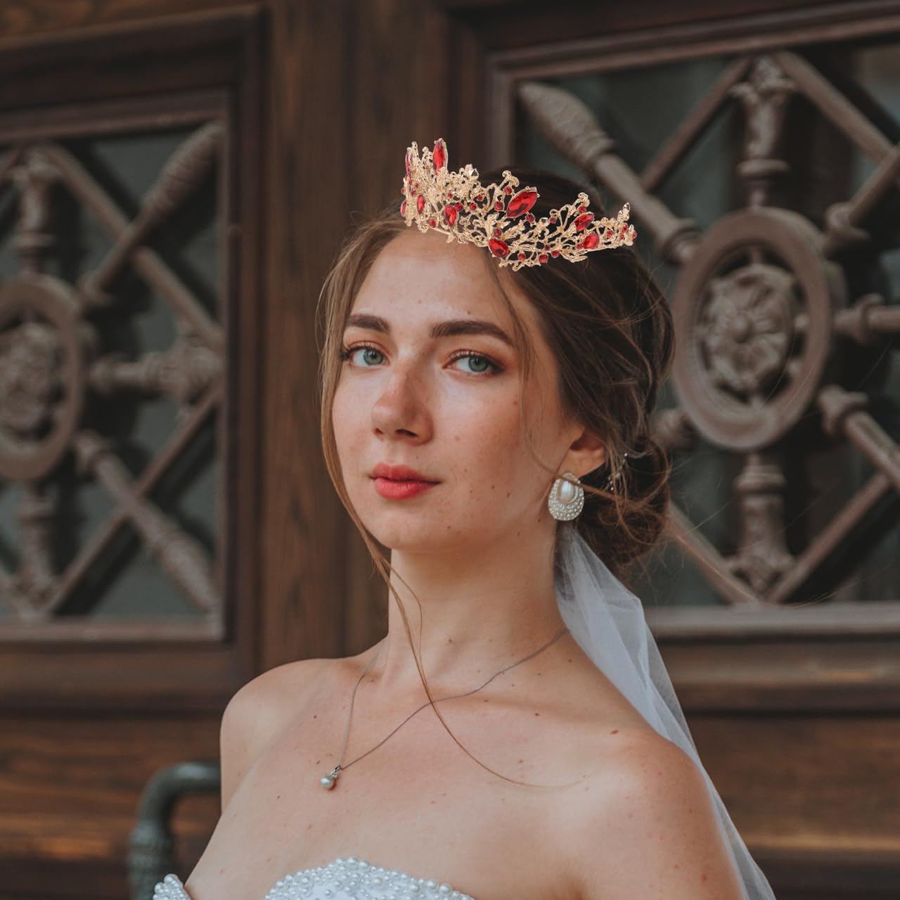 Barock Couronne de mariée vintage avec strass en cristal rétro pour femme mariée (rouge et doré)
