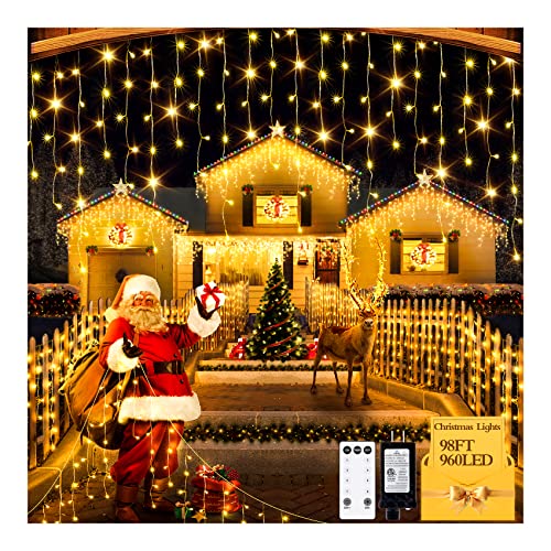 960 LED 98FT Christmas Lights Plug in 8 Modes with Timer Dimmable Christmas Decorations Outdoor Waterproof Indoor Curtain String Lights for Roof Porch Garden Holiday Wedding Party Decor Warm White 960 LED 98FT Christmas Lights Plug in 8 Modes with Timer Dimmable Christmas Decorations Outdoor Waterproof Indoor Curtain String Lights for Roof Porch Garden Holiday Wedding Party Decor Warm White