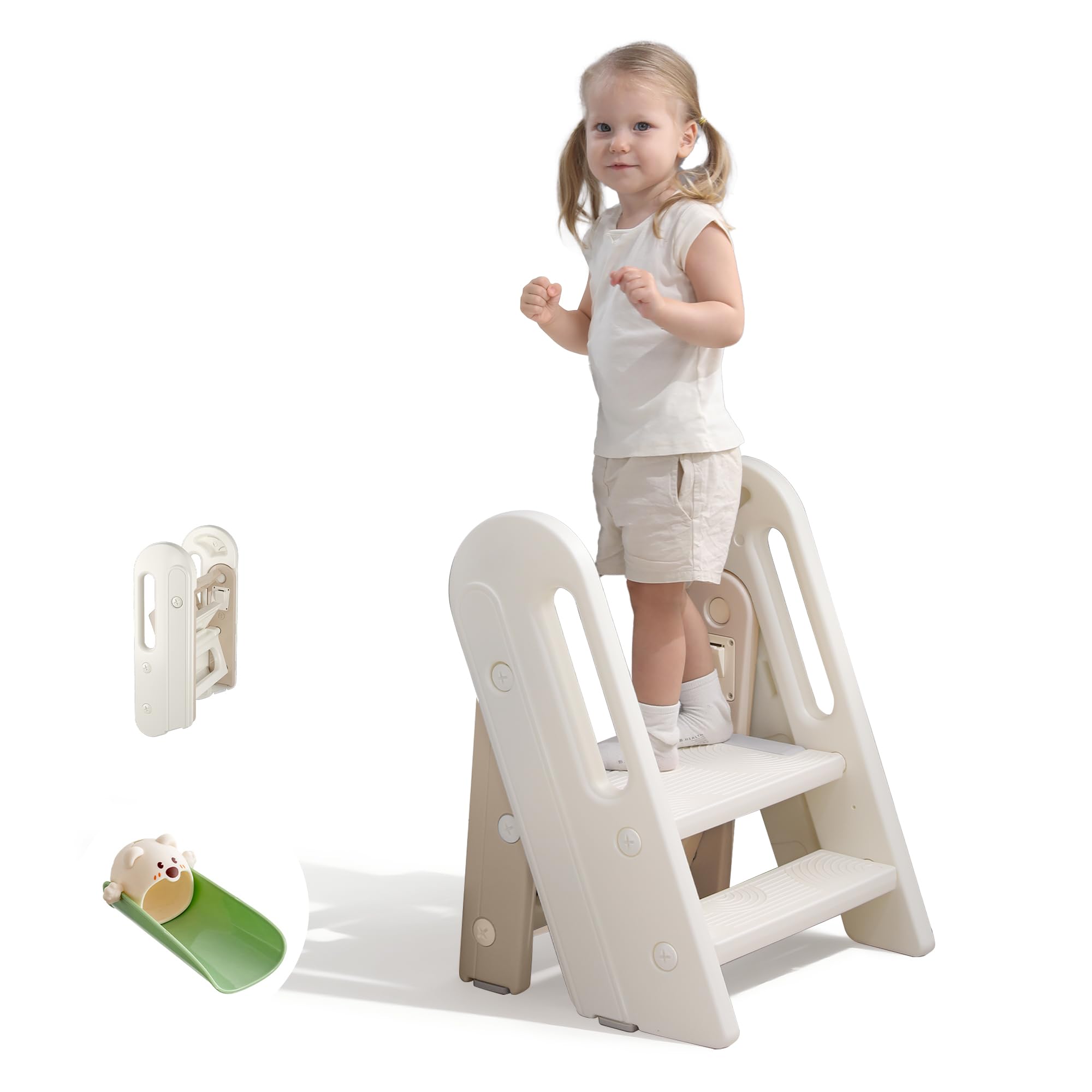 Marche Pied Enfant Pliable 2/3 Marches, Hauteur Réglable et Antidérapant, Escabeau Enfant, Tour d’Observation Montessori pour Cuisine et Toilette, Kaki