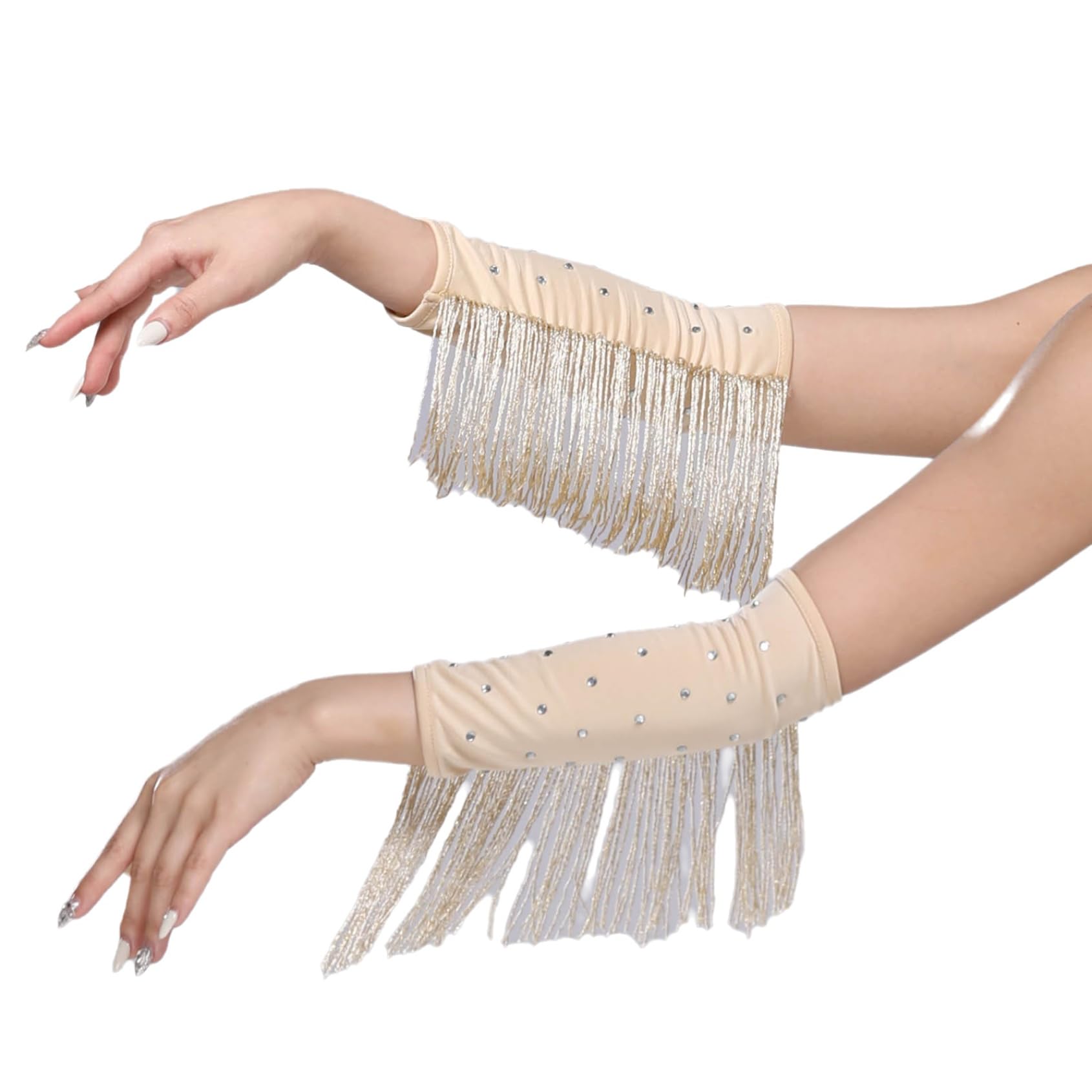 Rswnyirn Long Fingerless Satin Gloves Rhinestones Tassel 1920s Opera Gloves Arm Sleeves For Women Gold One Size